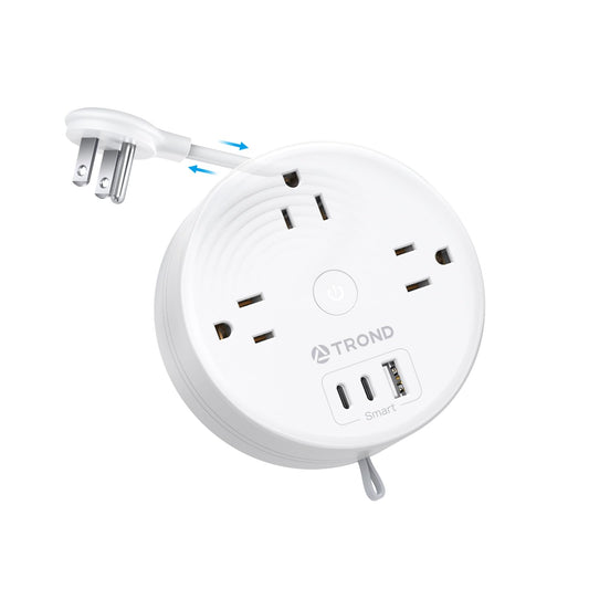 TROND Regleta de Viaje retráctil, Cable de Extensión Retráctil Enchufe Plano Ultrafino de 1.5 m, Regleta de Alimentación Retráctil con 3 Tomas de CA 3 USB(2 USB C), Elementos Esenciales para Cruceros
