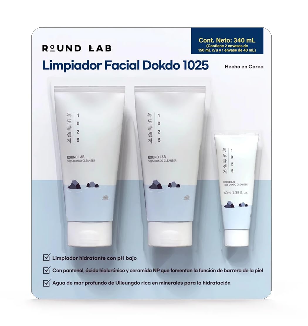 Round Lab 1025 Dokdo Cleanser Limpiador Facial Hidratante con pH Bajo. Kit de 2 de 150 ml + 1 de 40 ml