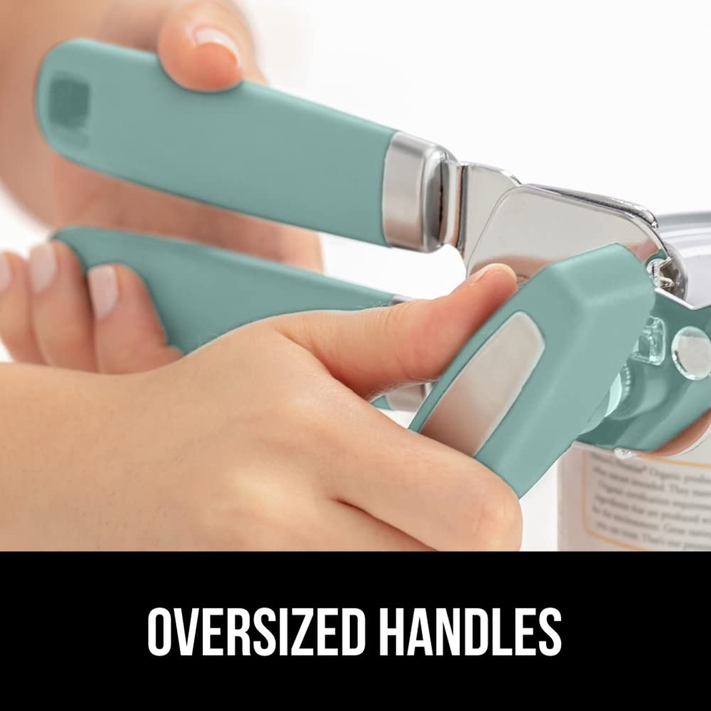 Gorilla Grip Abrelatas manual de mano de acero inoxidable resistente con borde liso con mango suave al tacto, a prueba de óxido, perilla de mano fácil giro, el mejor abridor de tapa grande para cocina, menta