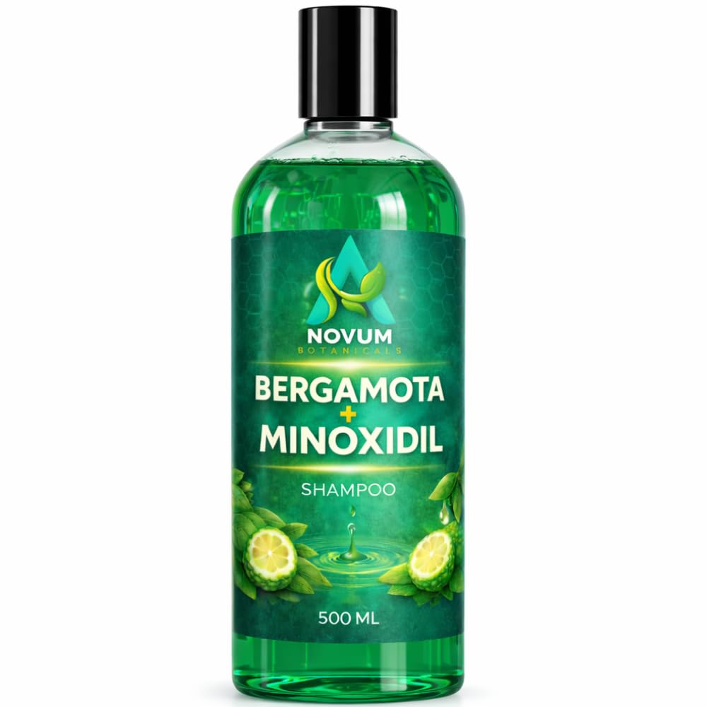 Shampoo de Bergamota con Minoxidil al 7% Shampoo 500 ml Novum Botanicals Champú Anticaspa Libre De Sulfatos y Parabenos Hecho de Ingredientes Naturales Con Aceite de Coco y Keratina