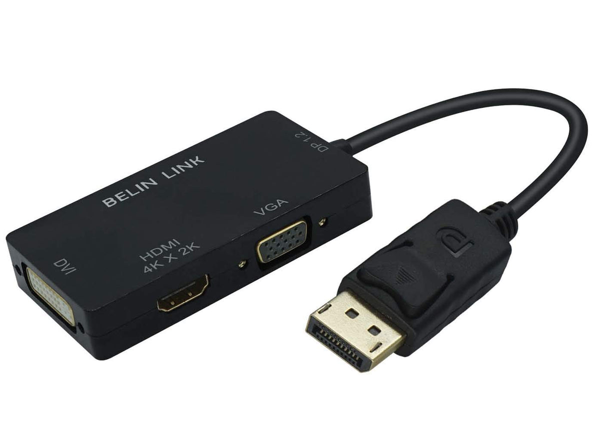 Adaptador DisplayPort DP HDMI VGA DVI Negro 4K Triple Función Gold-Plated