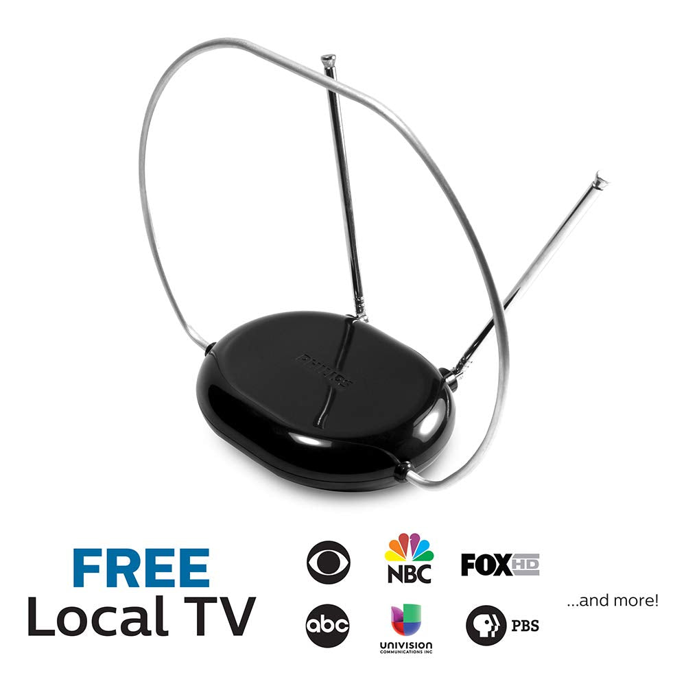 Philips Rabbit Ears Antena de TV para Interiores, dipolos y Bucle Circular, Digital, Compatible con Smart TV, Antena de HDTV, 4K 1080P VHF UHF, Cable coaxial, Negro, SDV8201B/27