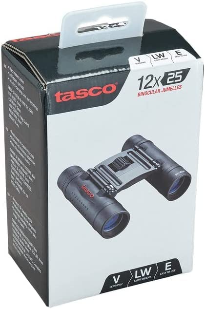 Tasco | Binoculares Essentials | 12x25 mm | para Viajes, Deportes, Senderismo, Actividades al Aire Libre | Prismáticos | Negro