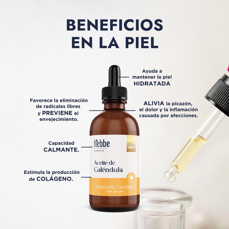 HEBBE Aceite de Caléndula 50 Ml | Hidratante y Calmante | Cicatrizante Antiinflamatorio | Piel Sensible