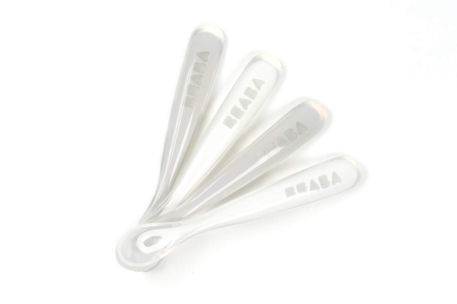 BEABA Juego de cucharas de alimentación para bebés de primera etapa, las cucharas de silicona de punta suave originales para bebés, sin ftalato de plomo BPA y sin plástico, gran juego de regalo (paquete de 4), nube