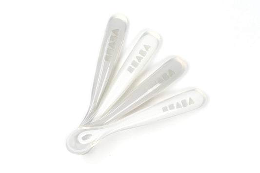 BEABA Juego de cucharas de alimentación para bebés de primera etapa, las cucharas de silicona de punta suave originales para bebés, sin ftalato de plomo BPA y sin plástico, gran juego de regalo (paquete de 4), nube