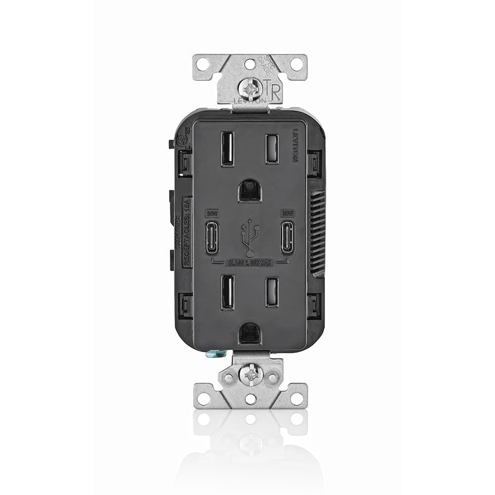 Leviton 005-T5635-00E Combinación Contacto Doble a Prueba de Manipulaciones y Contacto USB tipo C/C, Negro