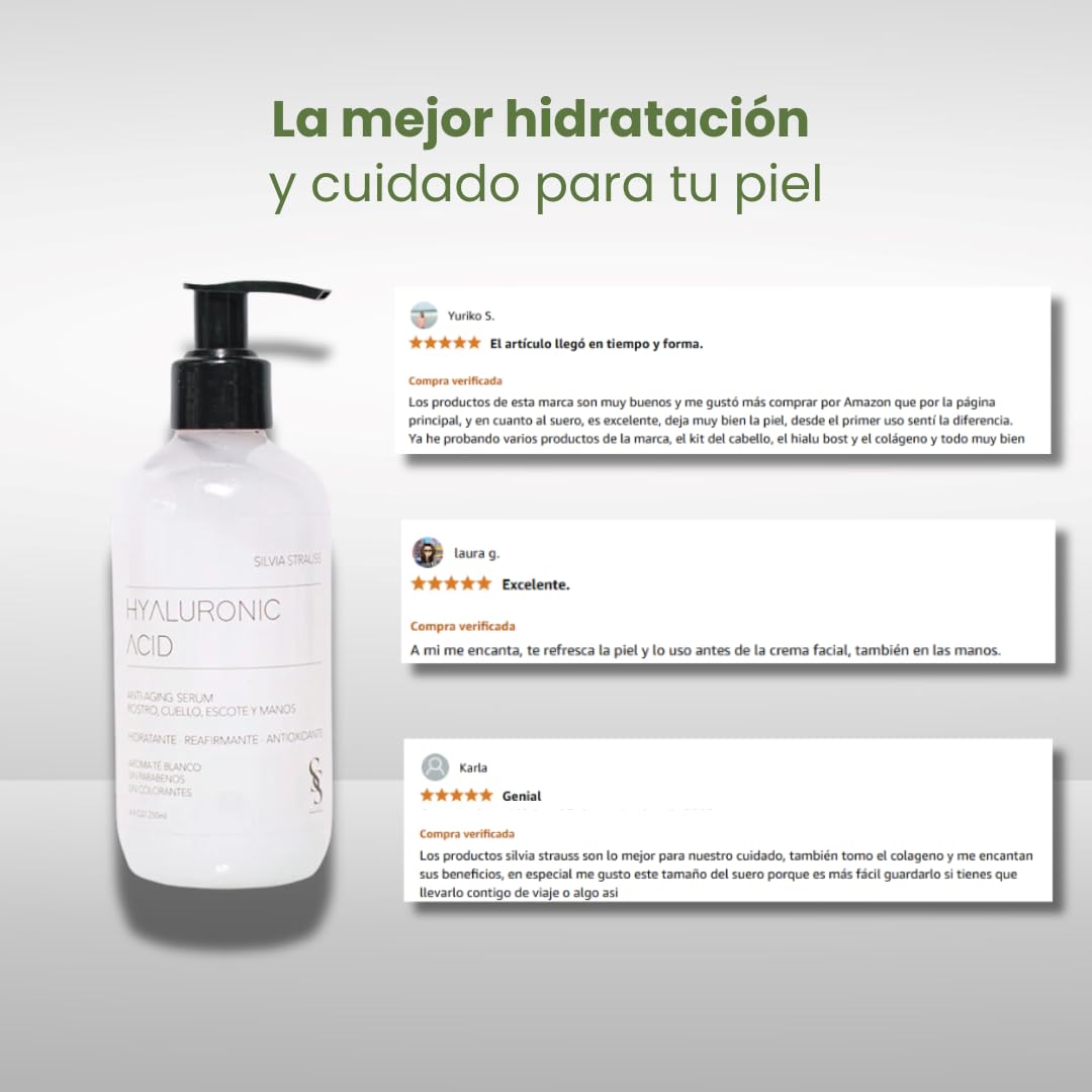 SILVIA STRAUSS Suero Facial Hyaluronic Acid Suero Gel Hidratante con Ácido Hialurónico para Rostro, Escote, Cuello y Manos, 250ml