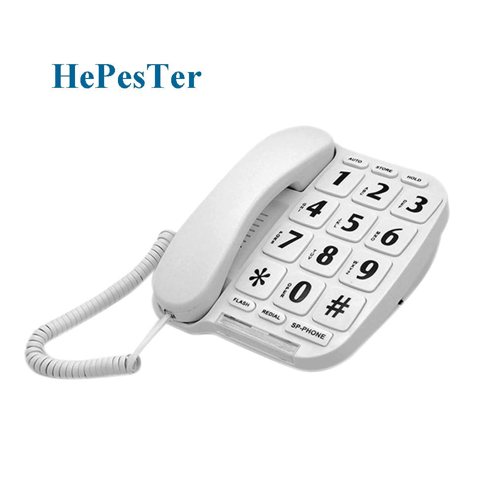 HePesTer P-011 - Teléfono con cable de botón grande para ancianos, teléfono amplificado para personas mayores, teléfono fijo con llaves grandes, teléfono de computadora con altavoz manos libres, funciona en corte de energía para emergencia SOS