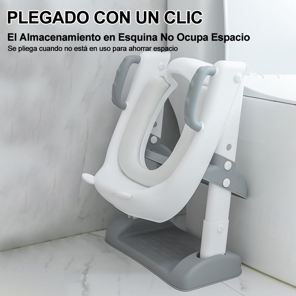 SLNXA Baño Entrenador Niño Asiento de Entrenamiento para Baño para Niños Asiento Entrenador para Inodoro con Escalera Plegable Antideslizante con Acolchonado y Agarres, Edad de 2 a 7 Años (Gris)