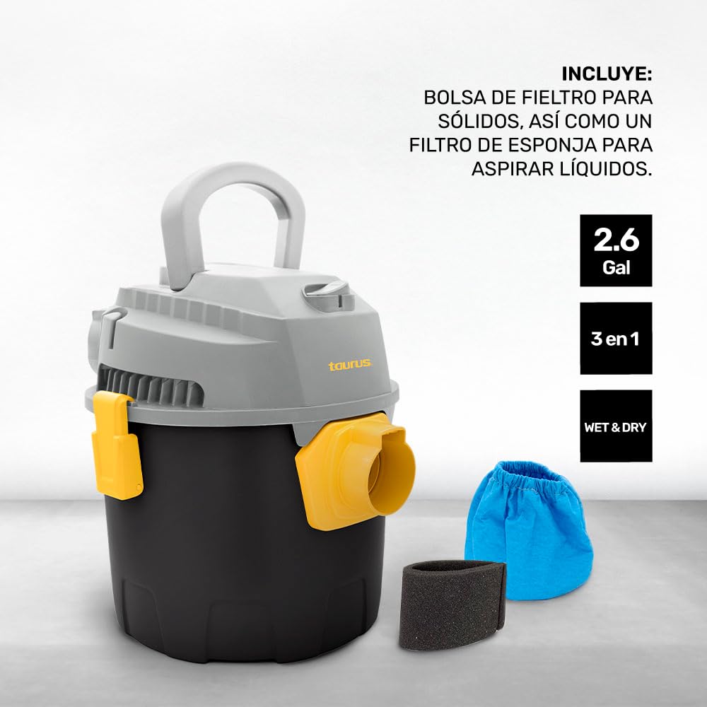 Aspiradora Taurus Hurricane 3 Modos Wet Dry Potente Succión 2.6 Galones con Manguera 1.2 m Incluye Accesorios