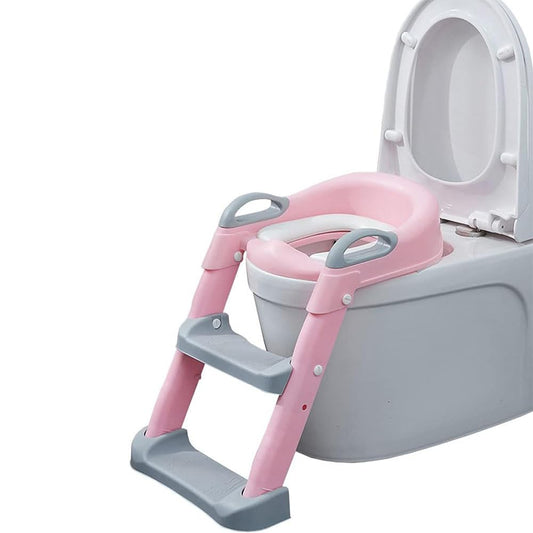 Jiula Asiento de Entrenamiento para Baño con Escalera Antideslizante - Asiento Entrenador para Baño Niño, Taburete Plegable Infantil para Taza, con Acolchonado, Asiento Ergonómico Rosa, A, Cojín Duro