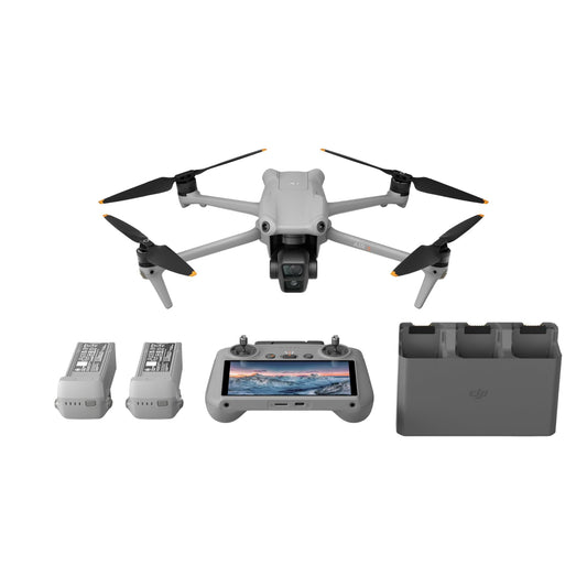 DJI Air 3 Pack Vuela Más con DJI RC 2 (control remoto con pantalla), dron con doble cámara 4K HDR con gran angular y teleobjetivo medio, 46 min de tiempo máx. de vuelo, 48 MP, O4, dos baterías adicionales