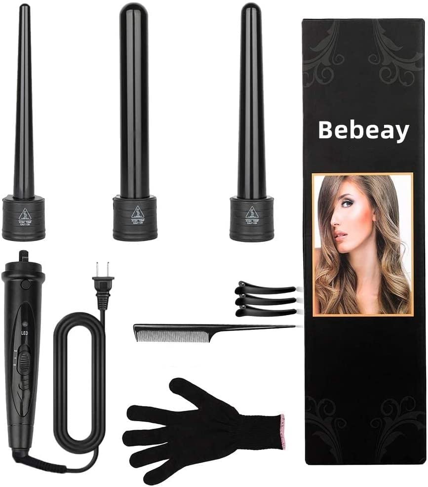 Rizador de Cabello, 3 en 1 Pinzas Rizadoras con Guantes, Rizador de Pelo de Cerámica Ajustable con Peines y Clips Juego de varillas de rizador de pelo con LED de Temperatura Ajustable para Cabello Largo y Corto Herramientas de Peinado
