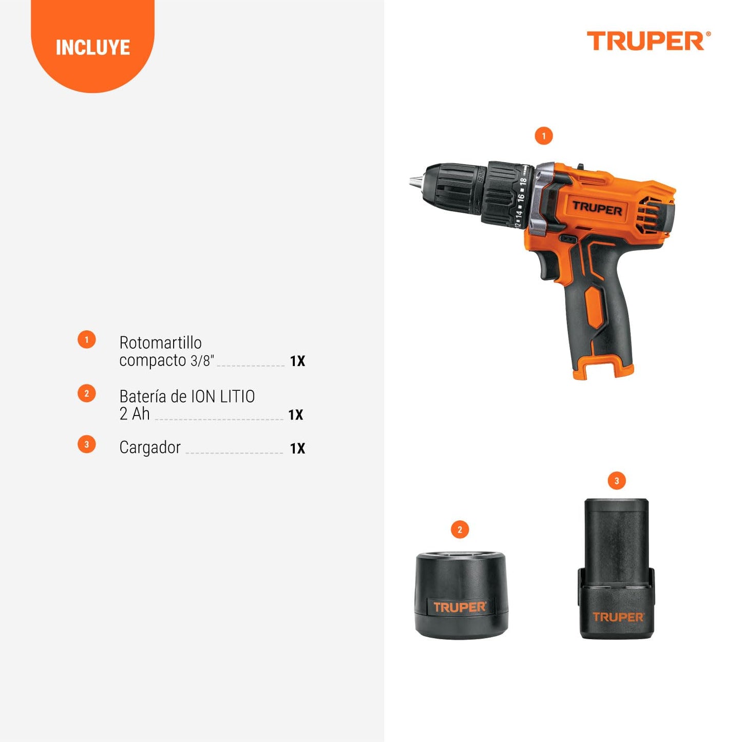 Truper ROTI-12AC, Rotomartillo compacto inalámbrico 3/8", 12 V con 1 batería de Ion Litio 2 Ah