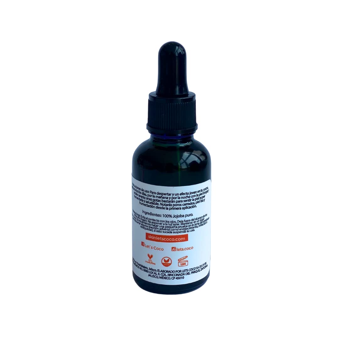 LET'S COCO | Aceite Facial 100% JOJOBA puro. Calma la piel irritada, humecta, equilibra e ilumina la piel. Ayuda a reducir signos de la edad. Prensado en frío. De semilla sustentables originarias de México 30 ml/ 1 oz (Jojoba sin diluir)