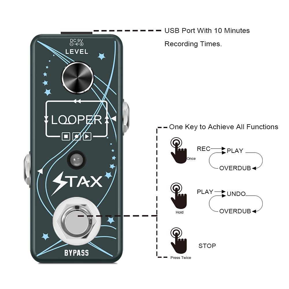 Pedal de Guitarra Stax Looper USB Bucle 10 Minutos Overdubs