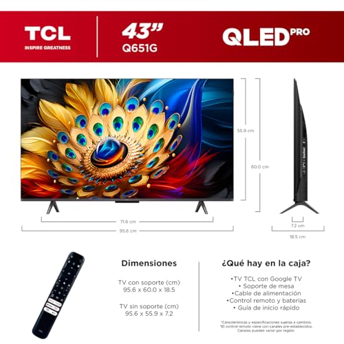 TCL Smart TV Pantalla 43" 43Q651G Google TV QLED 4K | HDR 10 250 NITS | 60 Hz | Dolby Audio Digital + | Compatible con Alexa