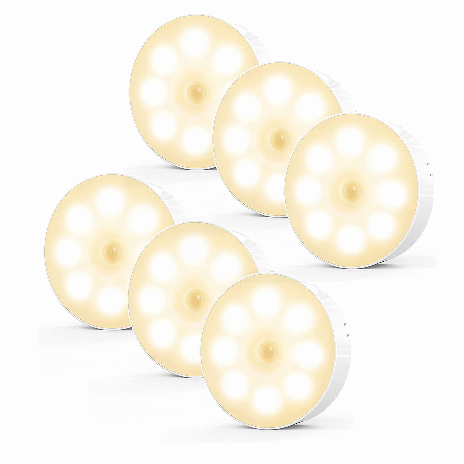 Luces de Noche LED Recargables Adhesivas Blanco Cálido con Sensor de Movimiento Paquete de 6