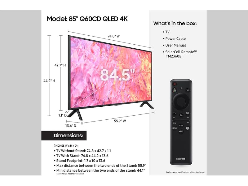 Television 85 Pulgadas Samsung Q60CD 4K Ultra HD QLED Smart Tizen con Modo Juego HDR10+ y Bluetooth