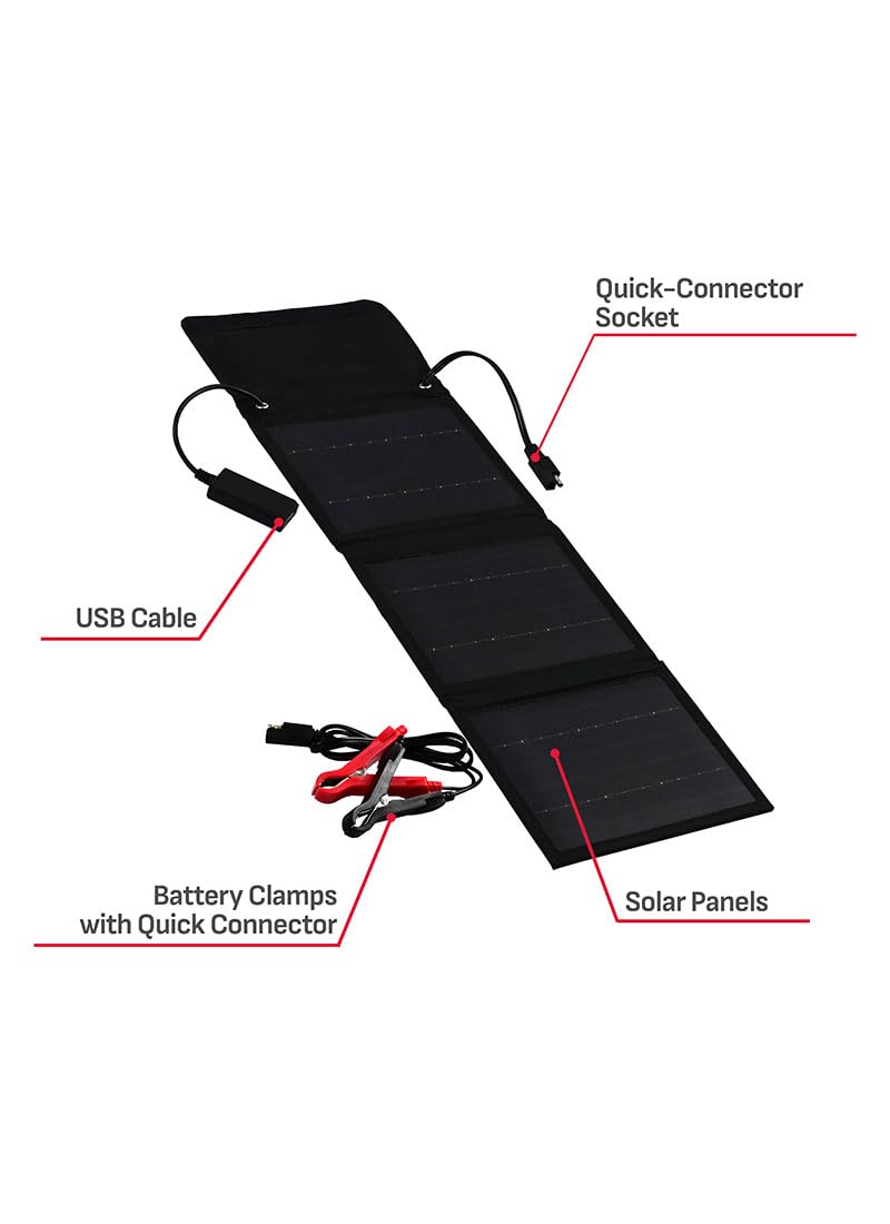Schumacher Cargador de batería Solar portátil eléctrico, SA1658, 8 vatios, 12 voltios, para Coche, Motocicleta y baterías Deportivas de Potencia, Resistente al Agua, Puerto USB de 1.7 amperios