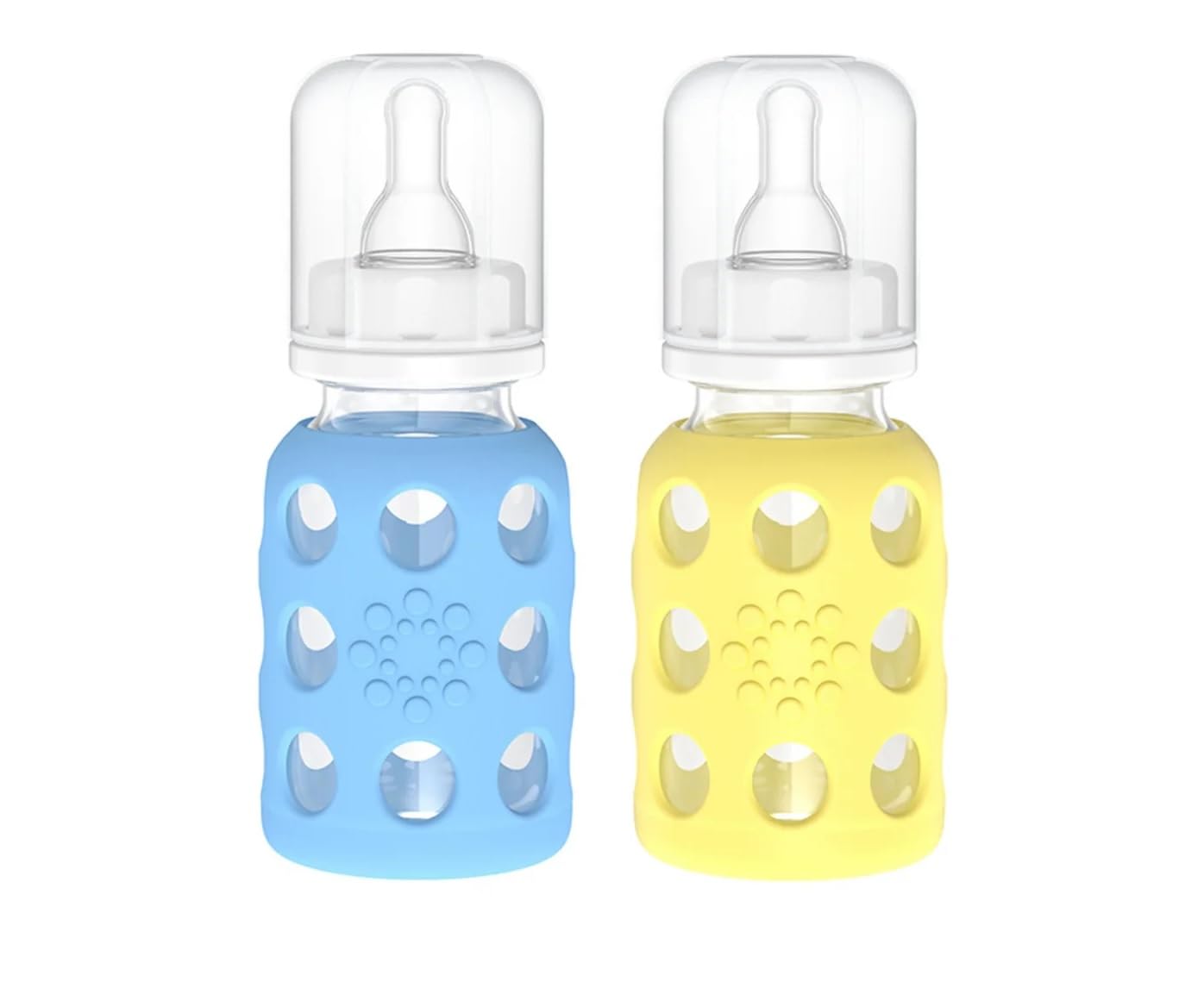 Lifefactory - Biberón de vidrio con funda de silicona, 4 onzas, juego de 2 unidades, color amarillo/azul cielo