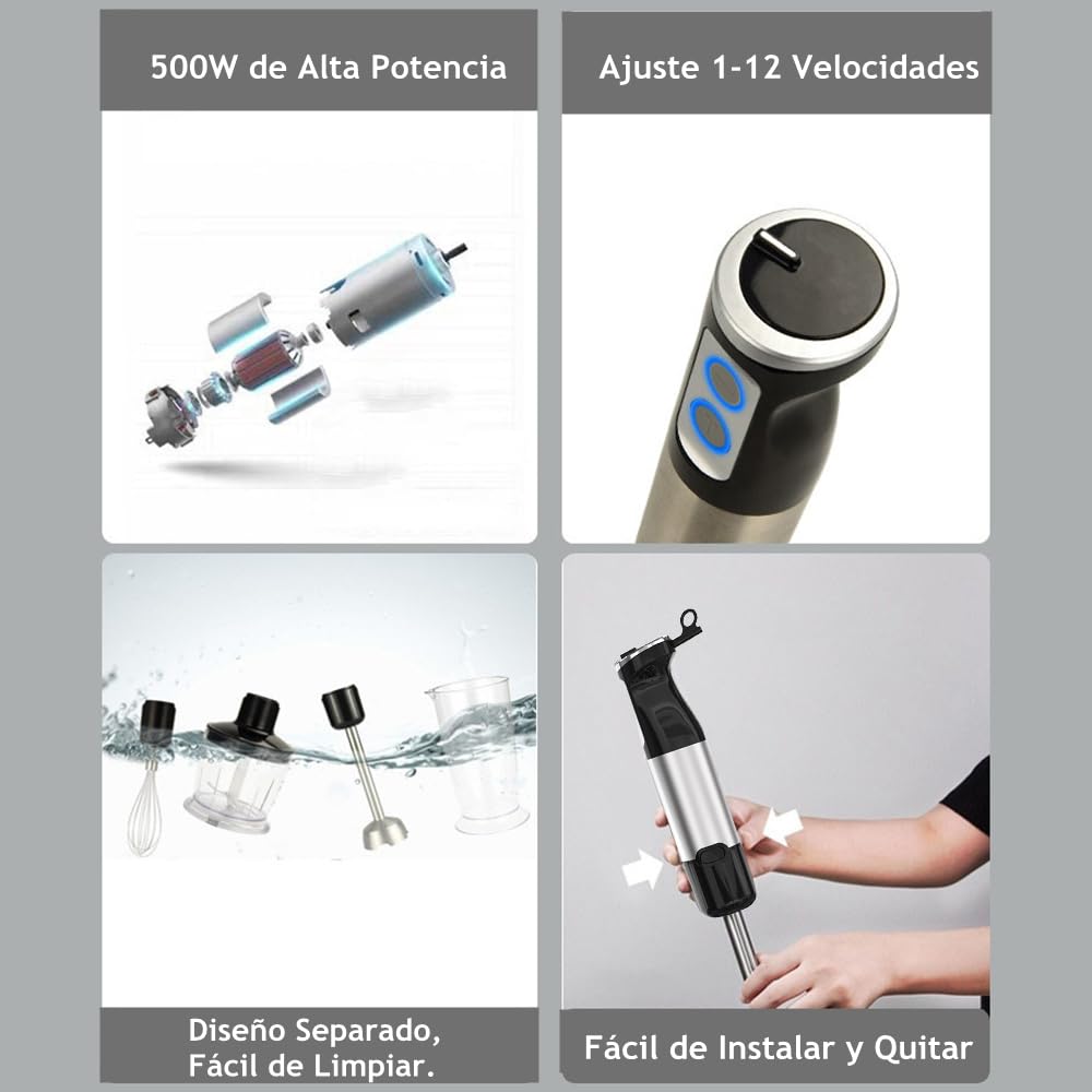 Feiniao 5 EN 1 Licuadoras de Mano, Licuadora Manual 600W, Batidora de Inmersión, Batidor de Mano con Varilla Trituradora, Taza de Molienda, Picadora de Carne, Espumador de Leche, Batidor de Huevo
