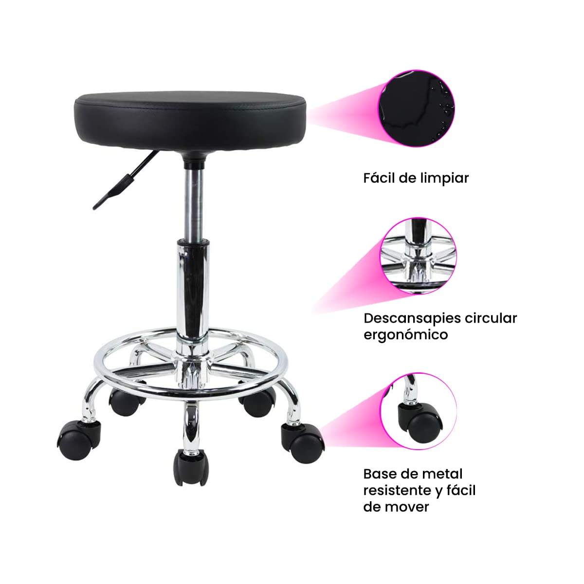 Silla Taburete VANLIG Negro Altura Ajustable Asiento Rotativo 360° para Consultorio, SPA y Tatuajes
