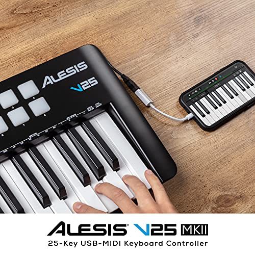 Alesis V25 MKII - Teclado Controlador MIDI USB, 25 teclas sensibles a la velocidad, 8 Pads con Full Level, Arpegiador, Rueda Pitch/Mod, Note Repeat y Suite de software