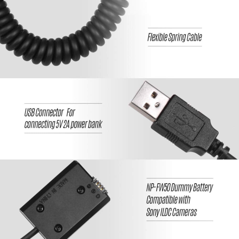 S erounder Adaptador de Fuente de alimentación USB a FW50 Adaptador de alimentación de decodificación Completa Batería Falsa para A7/A7II/A7R/A7S/A7RII