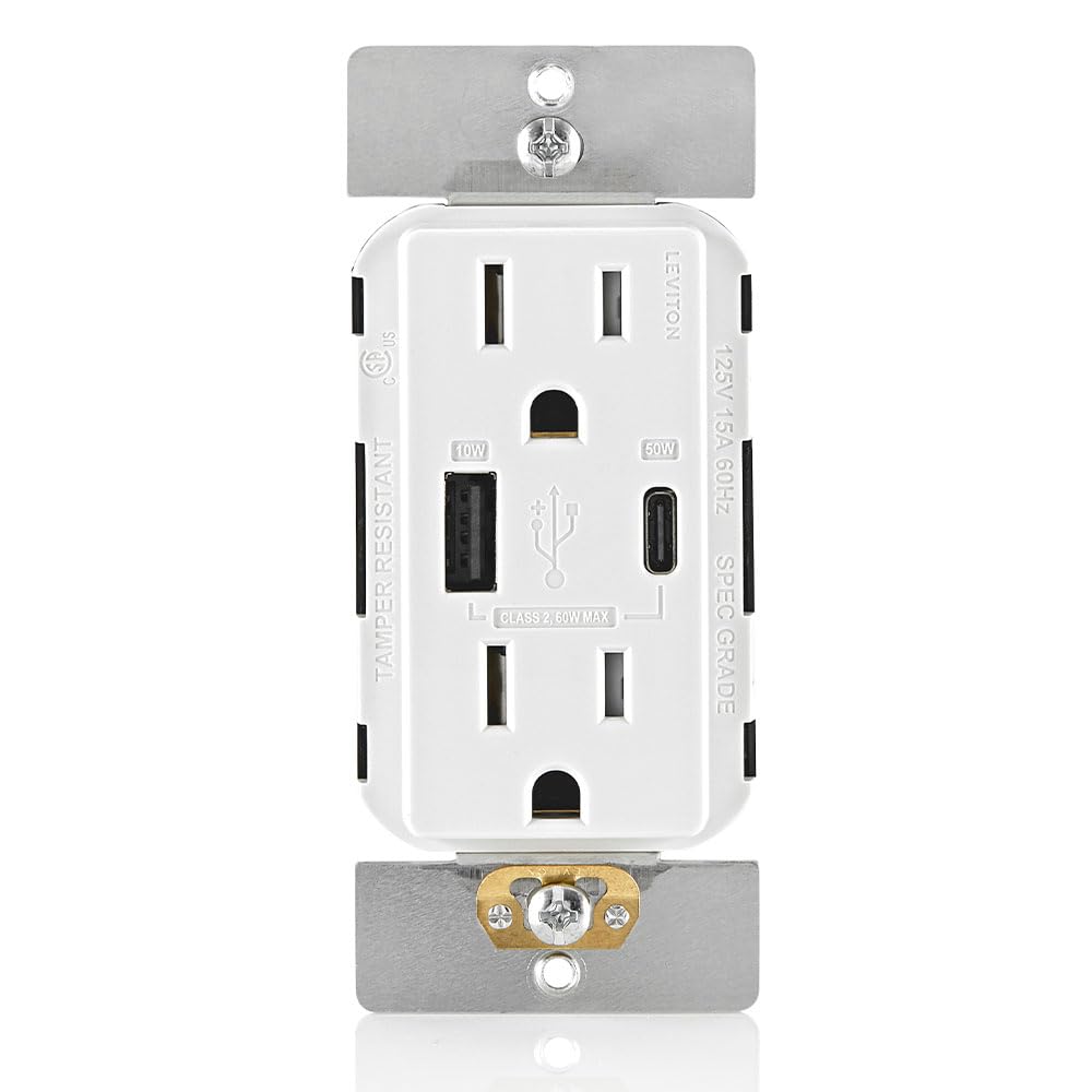 Leviton T5634-W 60W (20V a 2.5A+ 5V a 2A) Cargador USB de Doble Tipo A/Tipo-C para Entrega de energía en la Pared con Toma de 15A Resistente a manipulaciones, Cargador USB para Smartphones, tabletas,