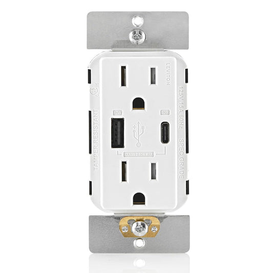 Leviton T5634-W 60W (20V a 2.5A+ 5V a 2A) Cargador USB de Doble Tipo A/Tipo-C para Entrega de energía en la Pared con Toma de 15A Resistente a manipulaciones, Cargador USB para Smartphones, tabletas,