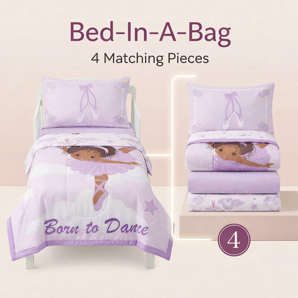 EVERYDAY KIDS - Juego de ropa de cama de 4 piezas para niños, bailarina afroamericana, incluye edredón, sábana encimera, sábana bajera ajustable y funda de almohada reversible, ropa de cama para niñas