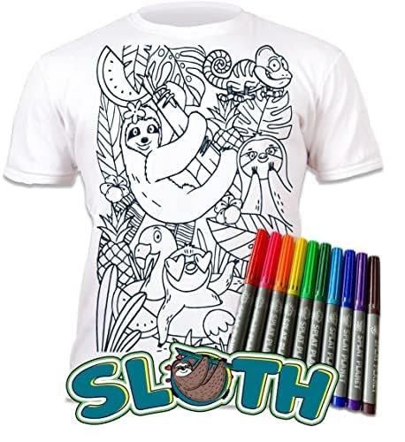 Splat Planet Color-in Sloth Jungle - Camiseta con 10 bolígrafos mágicos lavables no tóxicos, camiseta de color y lavado, Blanco, 3-4T