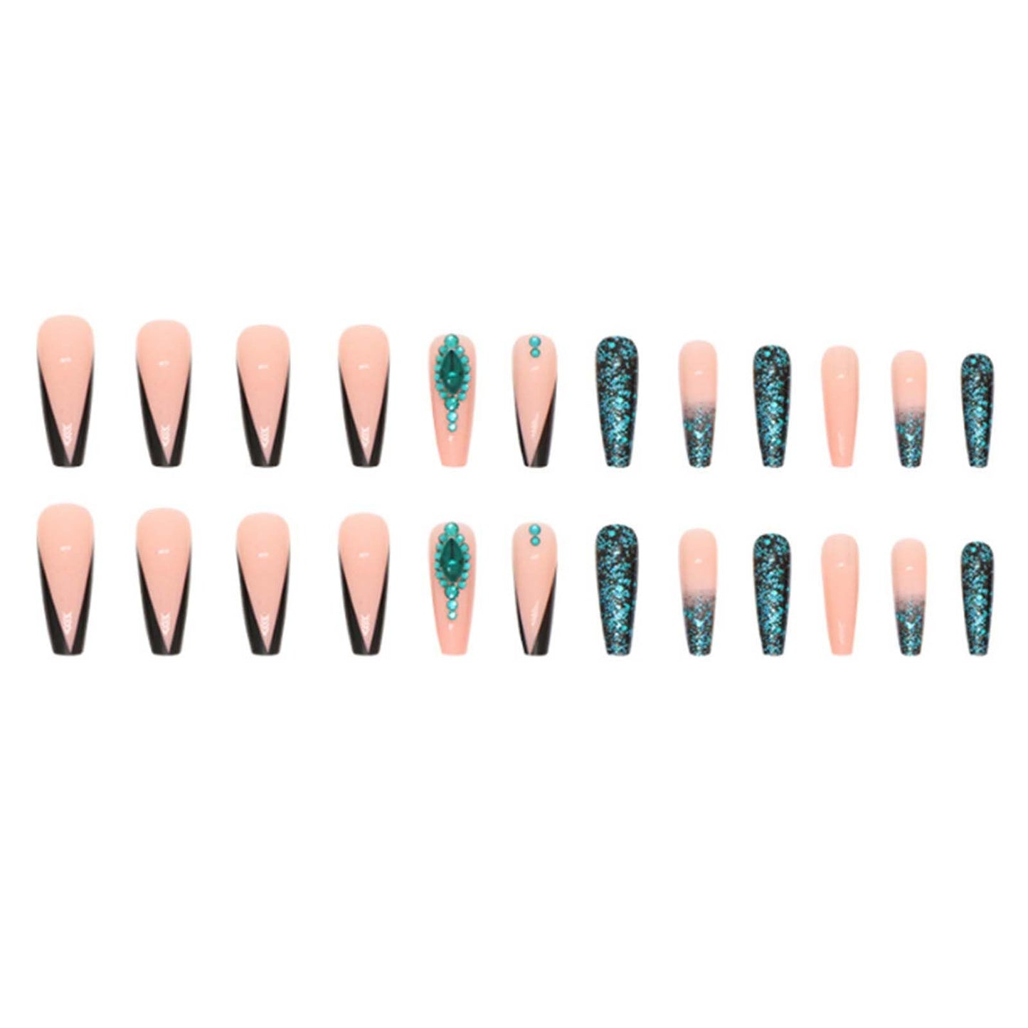 Gifiky Uñas Postizas de Gradiente, Ataúd Largo, Prensa En Uñas Francesas, Consejos, Diseño de Gema de Cristal, Cubierta Completa, Uñas Postizas Verdes para Mujeres y Niñas, 24 Piezas