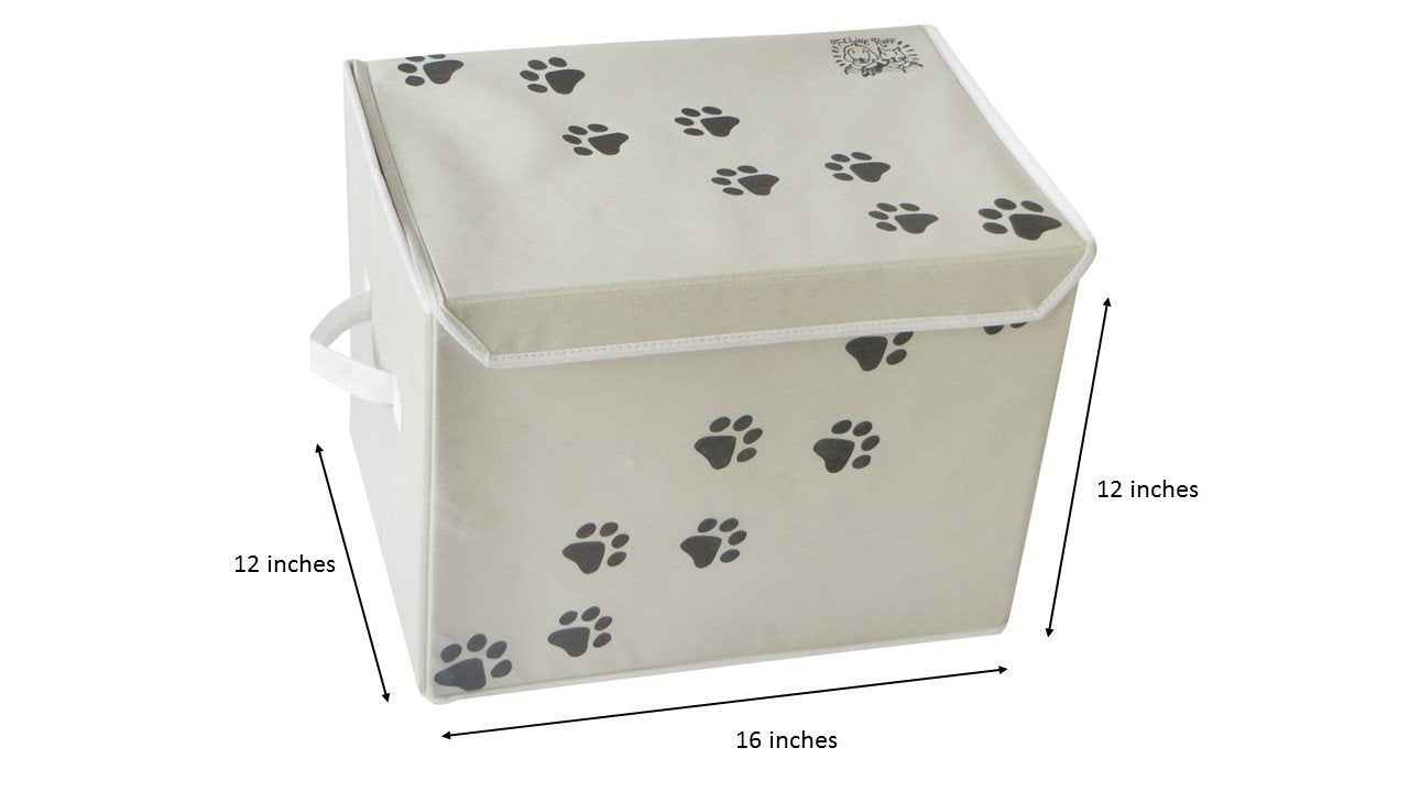 Feline Ruff Large Dog Toys Storage Box. 16" x 12" Inch Pet Toy Storage Basket with Lid. Perfect Collapsible Canvas Bin for Cat Toys and Accessories Too! (Tan)