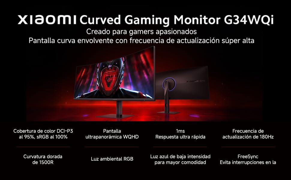 XIAOMI Curved Gaming Monitor G34WQi | 34" Panel VA WQHD (3440 * 1440) HDR 10 180Hz | Amplia Gama de Colores | Luz Led RGB Trasera | AMD Freesync Premium | 1ms MPRT | Altura Ajustable