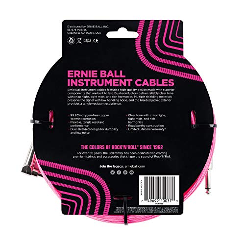 Cable Trenzado para Instrumentos Ernie Ball Rosa Neón 5,4 m Recto y Acodado