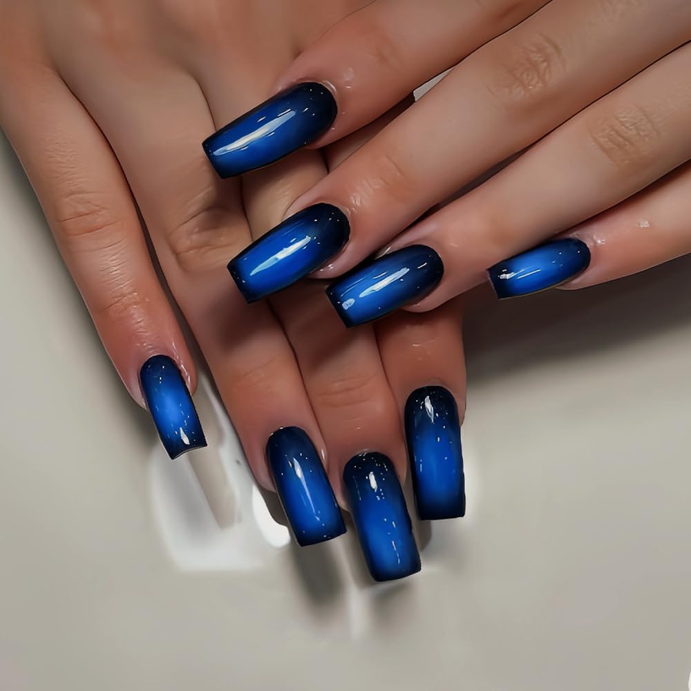 SXVME Uñas postizas largas cuadradas con degradado en azul rubor y negro, uñas postizas francesas oscuras, uñas postizas de gel suave reutilizables de calidad profesional para mujeres (24 unidades)