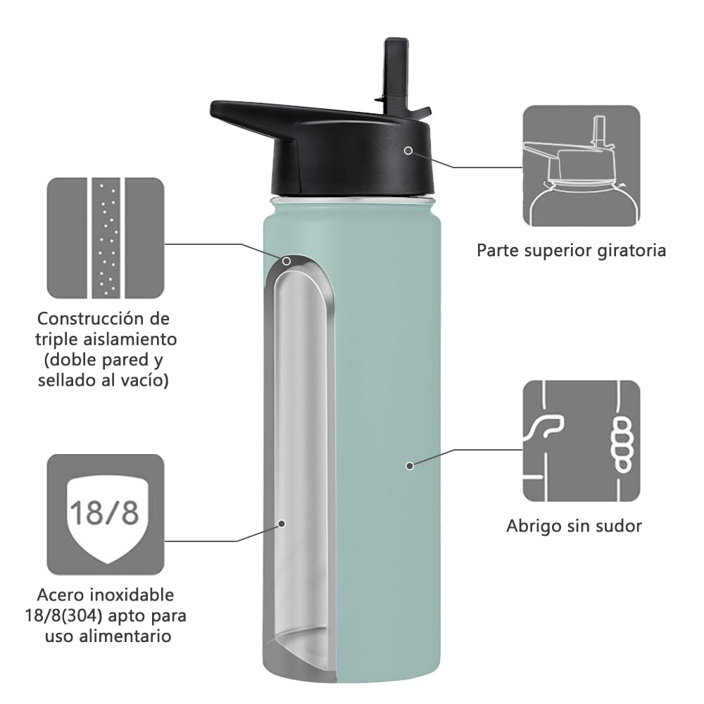 Free Wolf Termo de Acero Inoxidable 26OZ, A Prueba de Fugas Con 3 Tapas y Asa, Doble Aislamiento Térmico para 24 Horas de Frío y 12 Horas de Calor