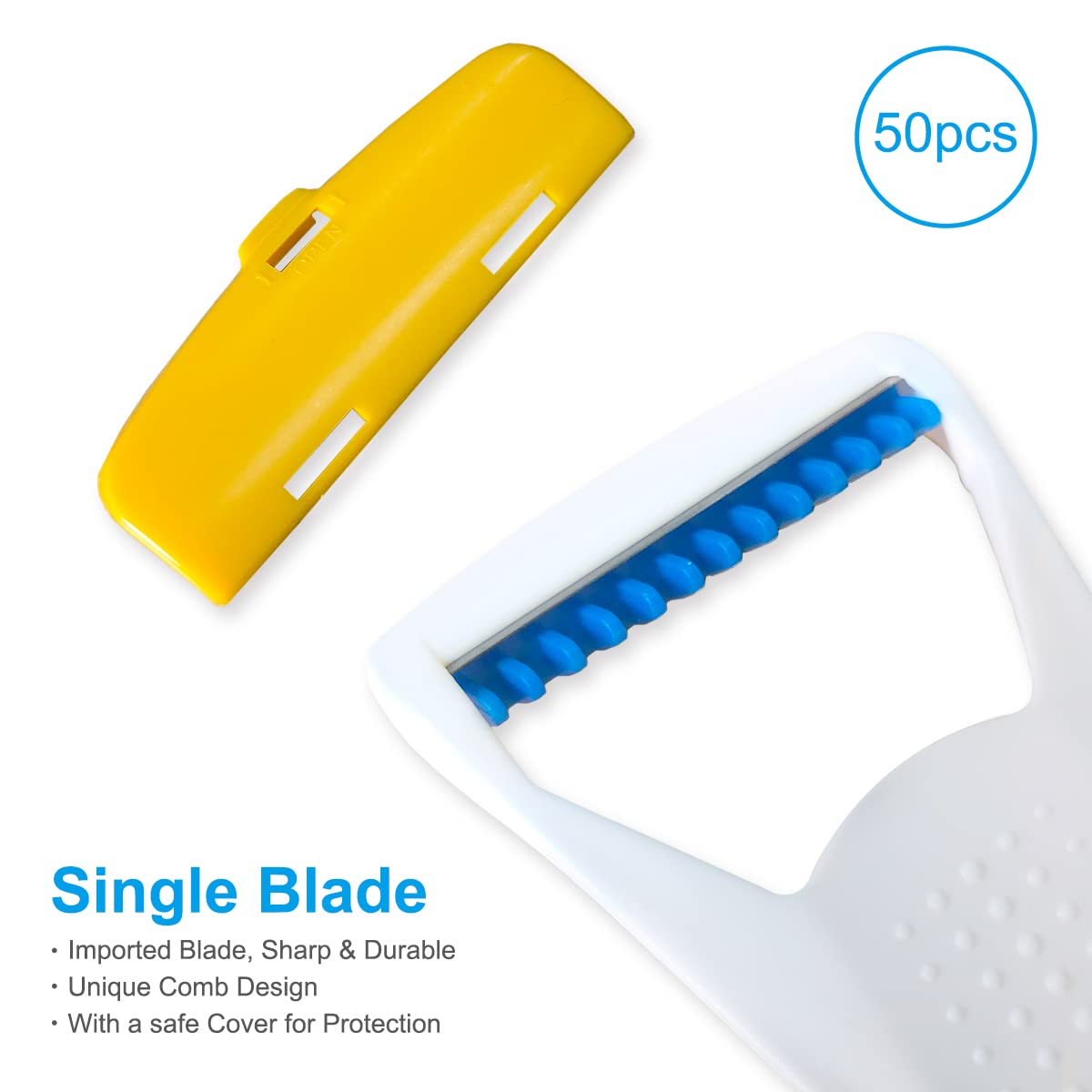 Maquinillas de afeitar desechables, 50 cuchillas de afeitar desechables, empaquetadas individualmente, uso seco y húmedo con tapa de protección, cuchillas de afeitar de acero inoxidable para mujeres y hombres