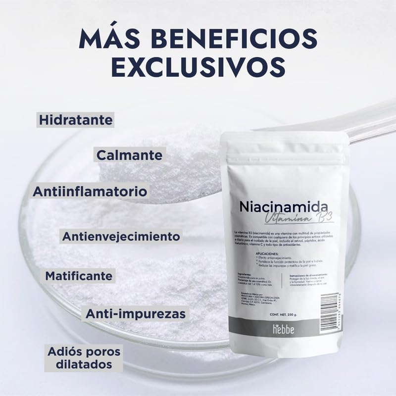 Hebbe - Niacinamida Pura para Rejuvenecimiento y Cuidado de la Piel, 250 g