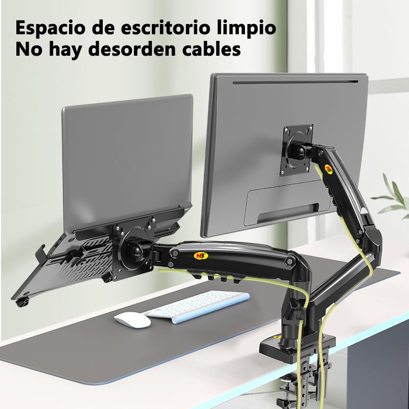 Soporte para Monitor y Laptop MORNWELL Negro con Brazos Hidráulicos para Pantallas de 17 a 27 Pulgadas y Bandeja Ajustable para Portátil de 10 a 17 Pulgadas