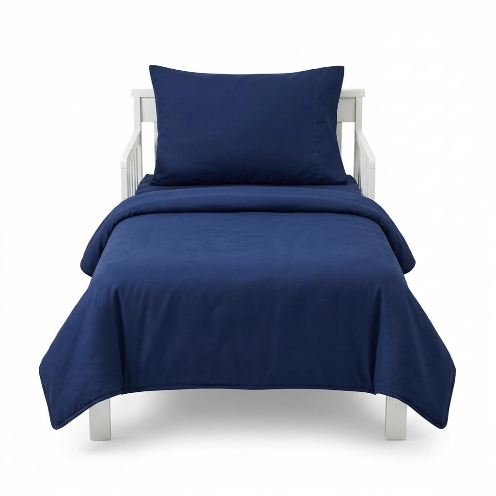 Everyday Kids - Juego de ropa de cama de 4 piezas para niños, incluye edredón, sábana encimera, sábana bajera y funda de almohada reversible, color azul marino
