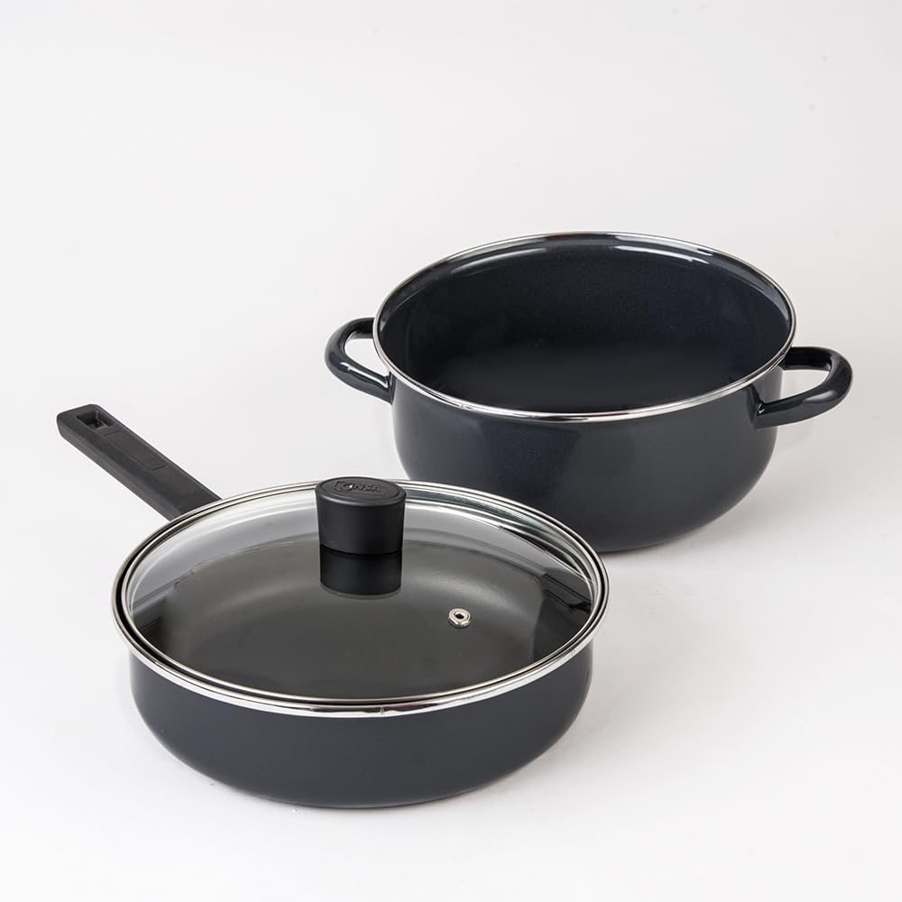 Cinsa Batería de cocina Mega Óptima 9 piezas, Peltre pesado con antiadherente con tapas de vidrio templado, Negro