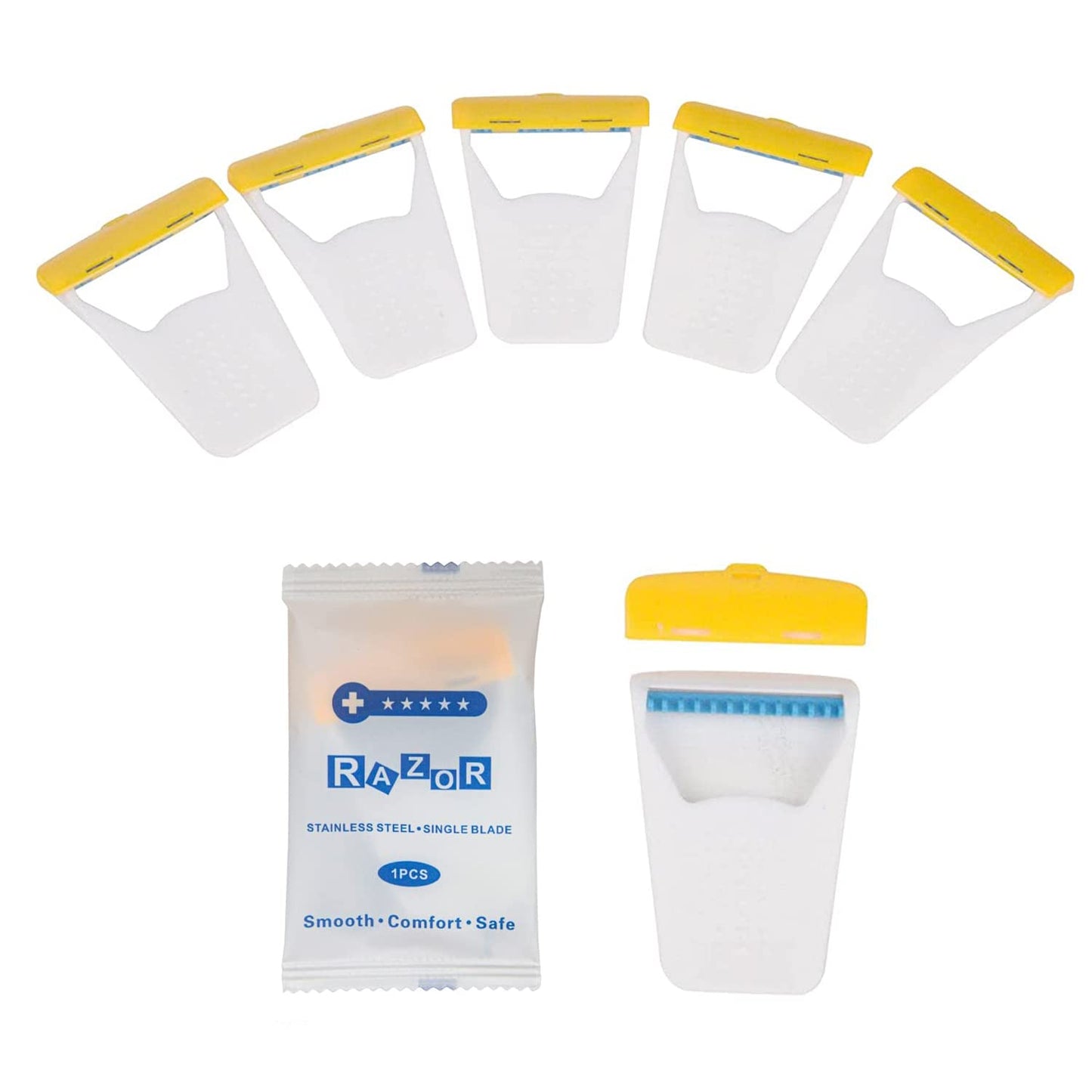 Maquinillas de afeitar desechables, 50 cuchillas de afeitar desechables, empaquetadas individualmente, uso seco y húmedo con tapa de protección, cuchillas de afeitar de acero inoxidable para mujeres y hombres