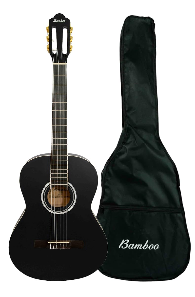 BAMBOO, Guitarra Clasica Negra Estudio con Funda, 39 pulgadas, 4/4, madera Linden. Ideal Estudiantes. Tamano Standard.