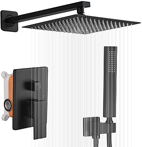 Grifos Ducha Empotrados Set- UCMDA Sistema de Ducha Inteligente Mezclador, Regadera Negro para Baño, Cabeza de Ducha Cuadrada de 10 Pulgadas y Rociador Ducha Mano Incluida Válvula Empotrada Kit