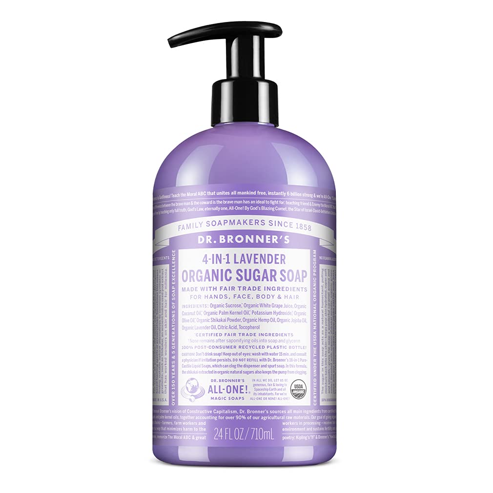 Dr. Bronner's | Jabón líquido de azúcar orgánico, hidratante y nutritivo, para manos, cuerpo, rostro y cabello; certificado vegano - Lavanda, 710 ml