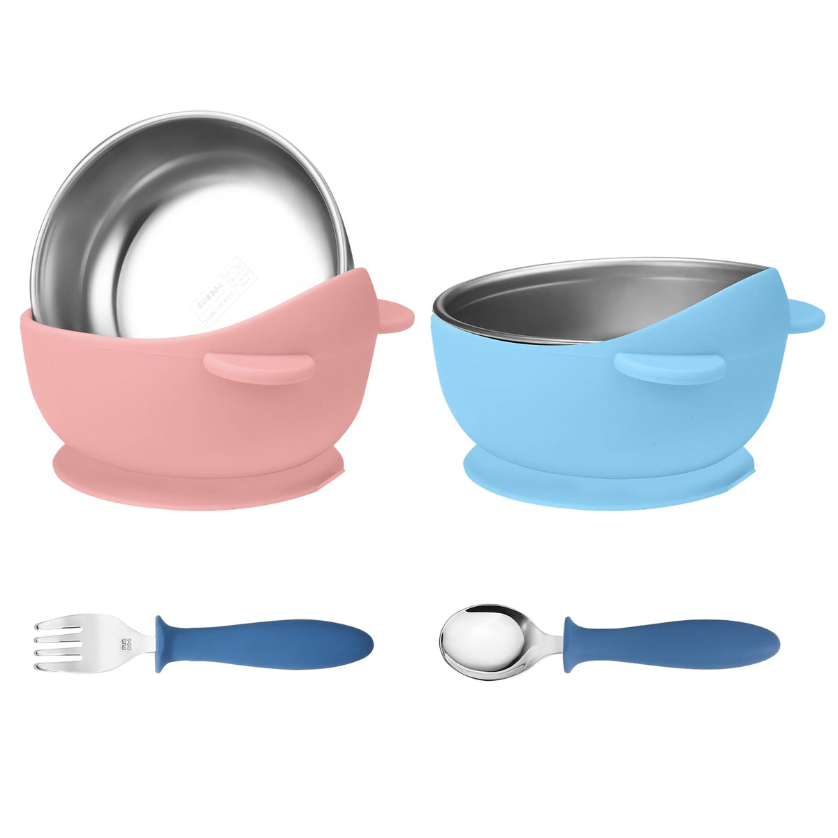 Wesketch Paquete De 2 Tazones De Acero Inoxidable Para Bebé Con Ventosa De Silicona Antideslizante Extraíble, Recipiente Antiescaldaduras Para La Alimentación Del Bebé, Incluye Tenedores Y Cucharas, A